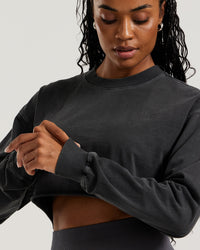 Comfort Vintage Look Oversized Cropped Long Sleeve T-Shirt | Black